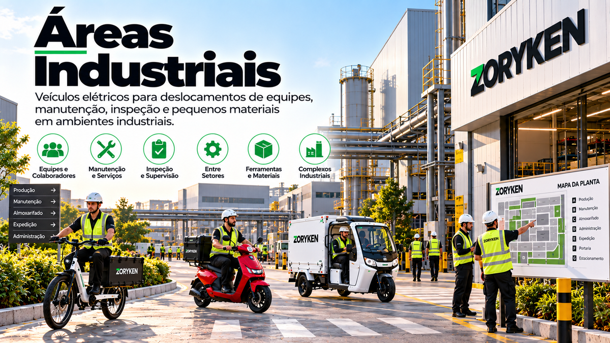 Veículos elétricos em área industrial para equipes, manutenção, inspeção e deslocamentos entre setores