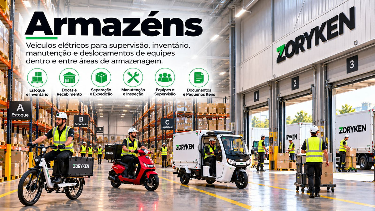 Armazém com veículos elétricos para inventário, supervisão, manutenção e deslocamento de equipes