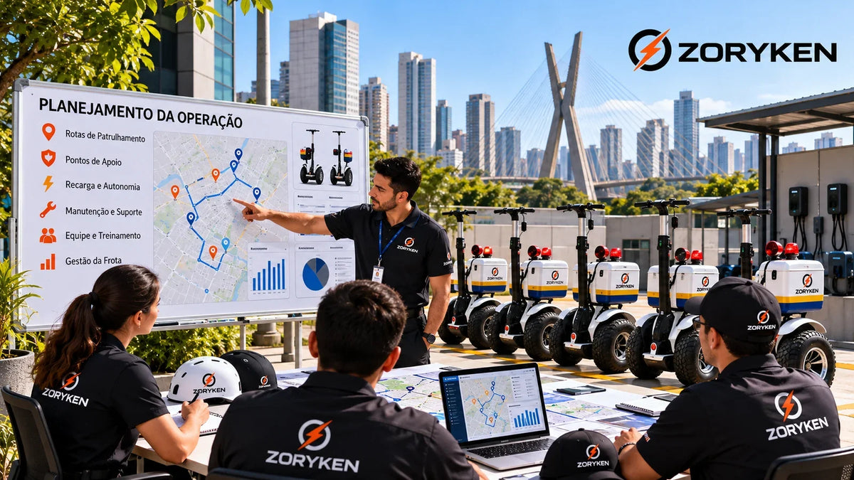 Equipe ZORYKEN planejando uma operação com diciclos elétricos, incluindo rotas, recarga, manutenção, treinamento e gestão de frota.
