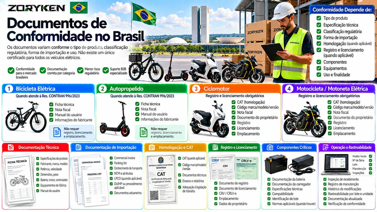 Infográfico sobre documentos de conformidade para veículos elétricos no Brasil, incluindo documentação técnica, importação, CAT, registro, licenciamento, componentes, inspeção, manutenção e rastreabilidade