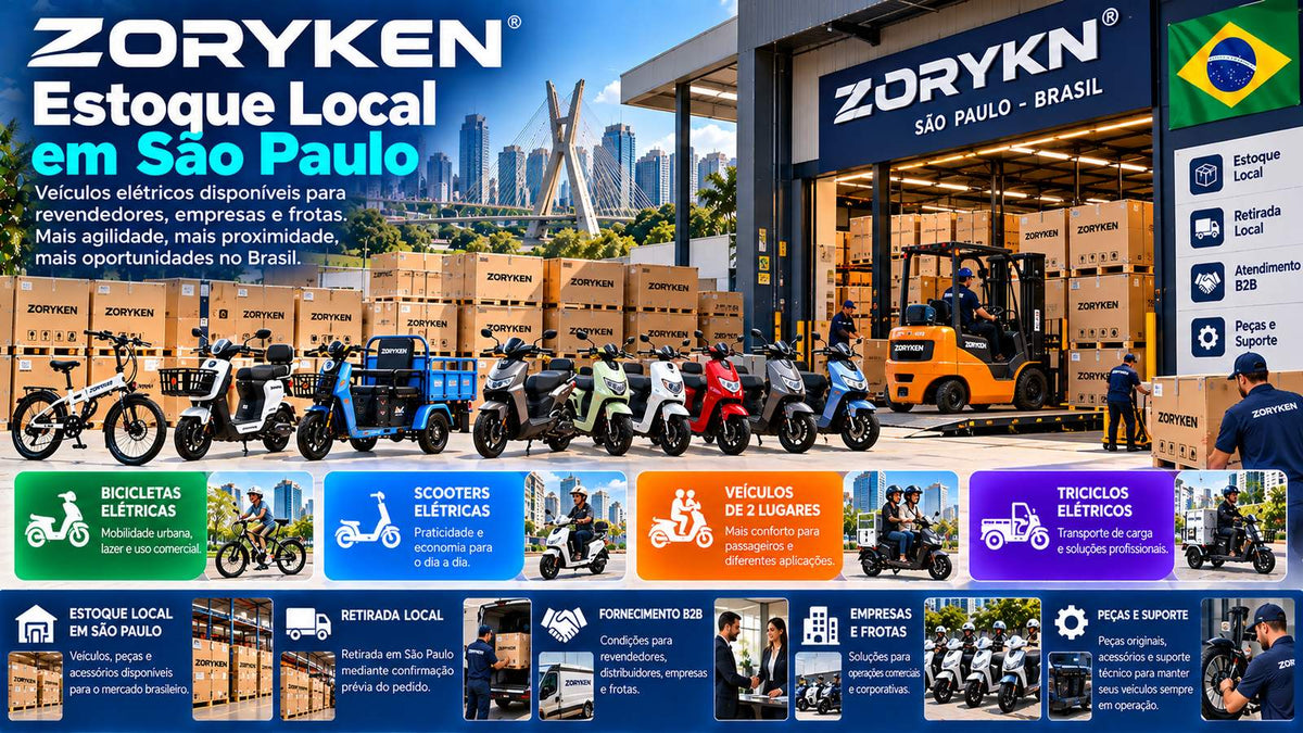 Estoque local ZORYKEN em São Paulo com veículos elétricos, retirada local, fornecimento B2B, peças e suporte