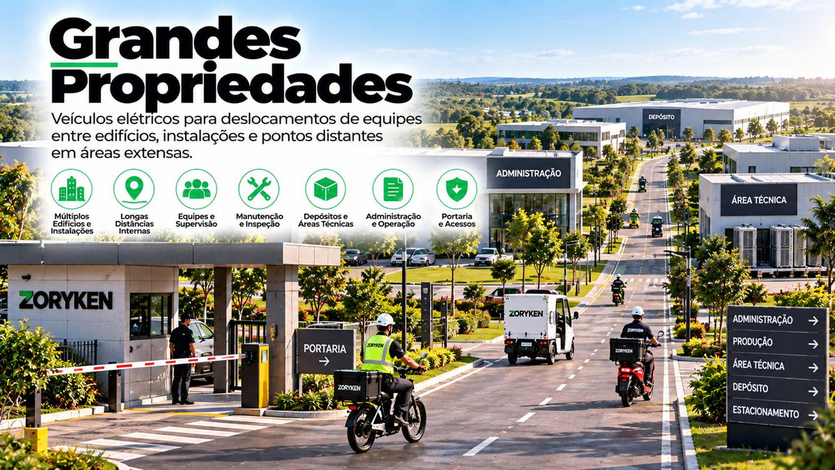 Mobilidade em grandes propriedades com veículos elétricos para deslocamento de equipes entre edifícios, áreas técnicas e pontos distantes
