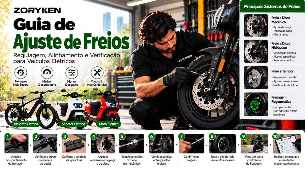 Guia de ajuste de freios ZORYKEN para bicicletas, scooters e motos elétricas com regulagem, alinhamento, verificação e teste do sistema de frenagem