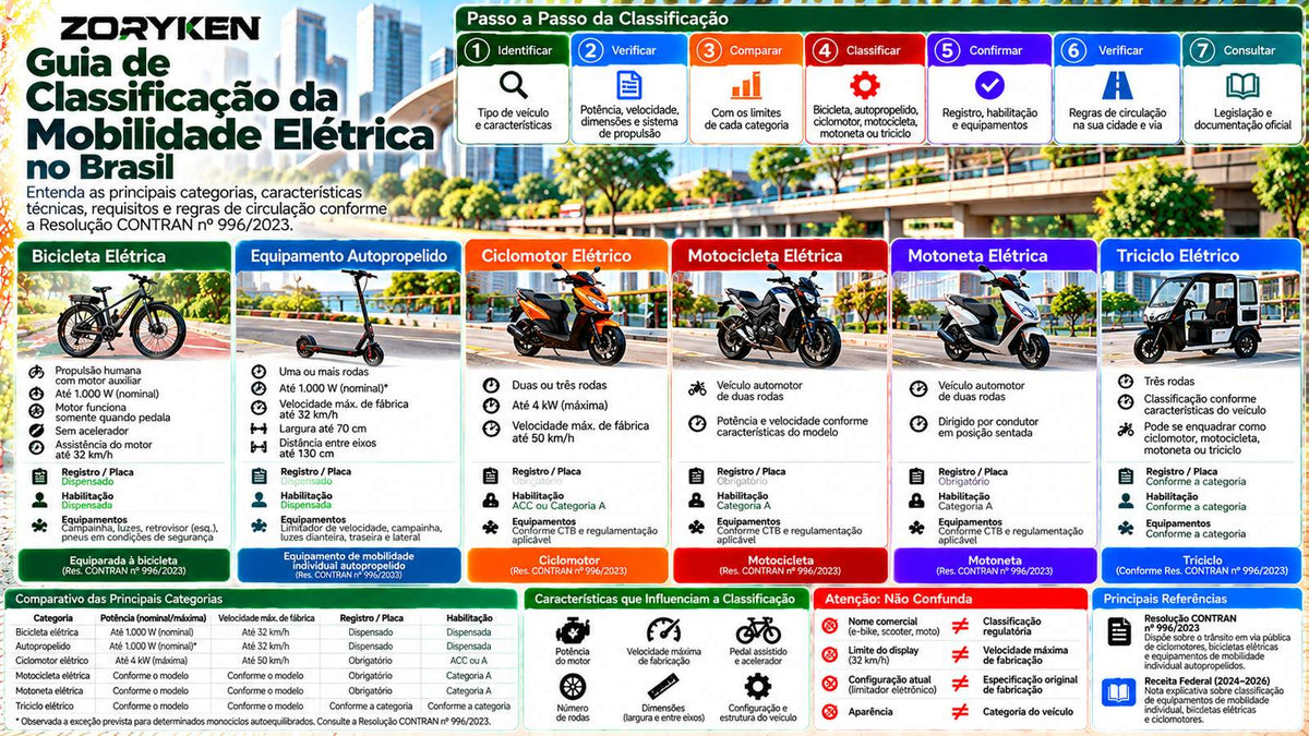Guia de classificação da mobilidade elétrica no Brasil com bicicleta elétrica, autopropelido, ciclomotor, motocicleta, motoneta e triciclo conforme a Resolução CONTRAN nº 996/2023