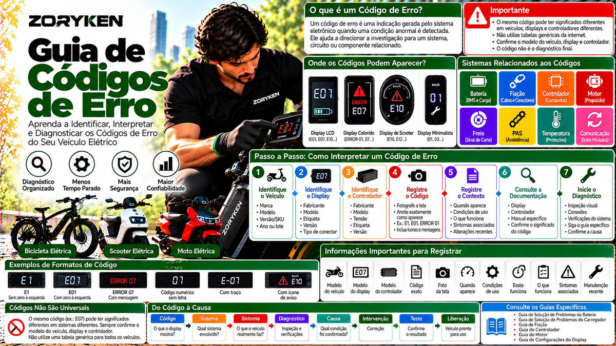 Guia de códigos de erro ZORYKEN para bicicletas, scooters e motos elétricas com identificação de display, controlador, sintomas, sistemas e diagnóstico