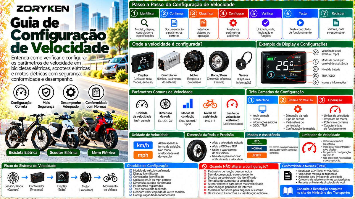 Guia de configuração de velocidade ZORYKEN para bicicletas, scooters e motos elétricas com display, controlador, roda, sensor, modos e limitador eletrônico