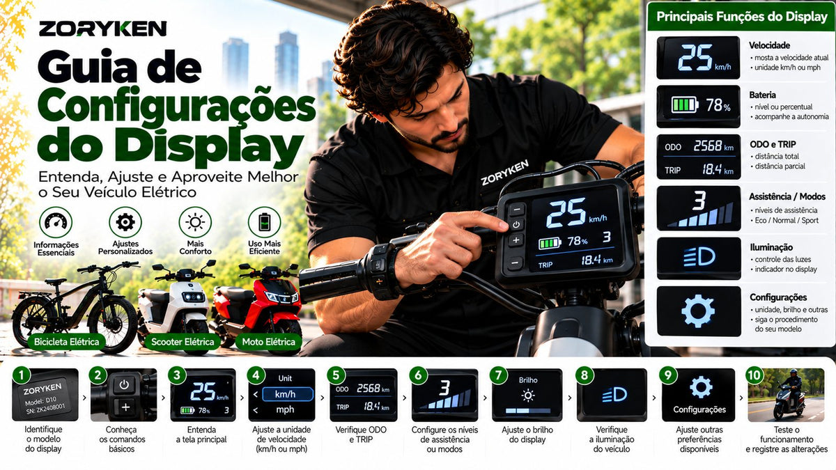 Guia de configurações do display ZORYKEN para bicicletas, scooters e motos elétricas com velocidade, bateria, ODO, TRIP, assistência, brilho e iluminação