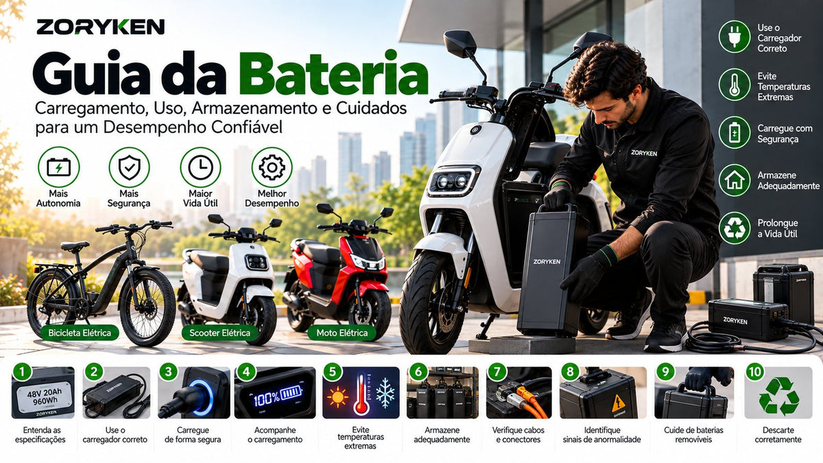 Guia da bateria ZORYKEN com orientações sobre carregamento, armazenamento e cuidados com baterias de veículos elétricos