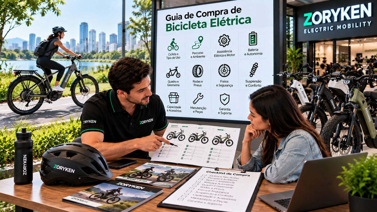 Guia de compra de bicicleta elétrica com ciclista, modelos de e-bike, assistência elétrica, bateria, autonomia, freios e manutenção
