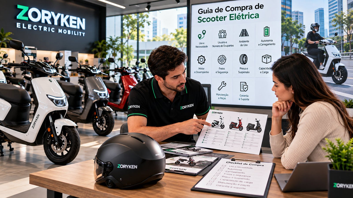 Guia de compra de scooter elétrica com comparação de modelos, autonomia, carregamento, desempenho, segurança, manutenção e suporte