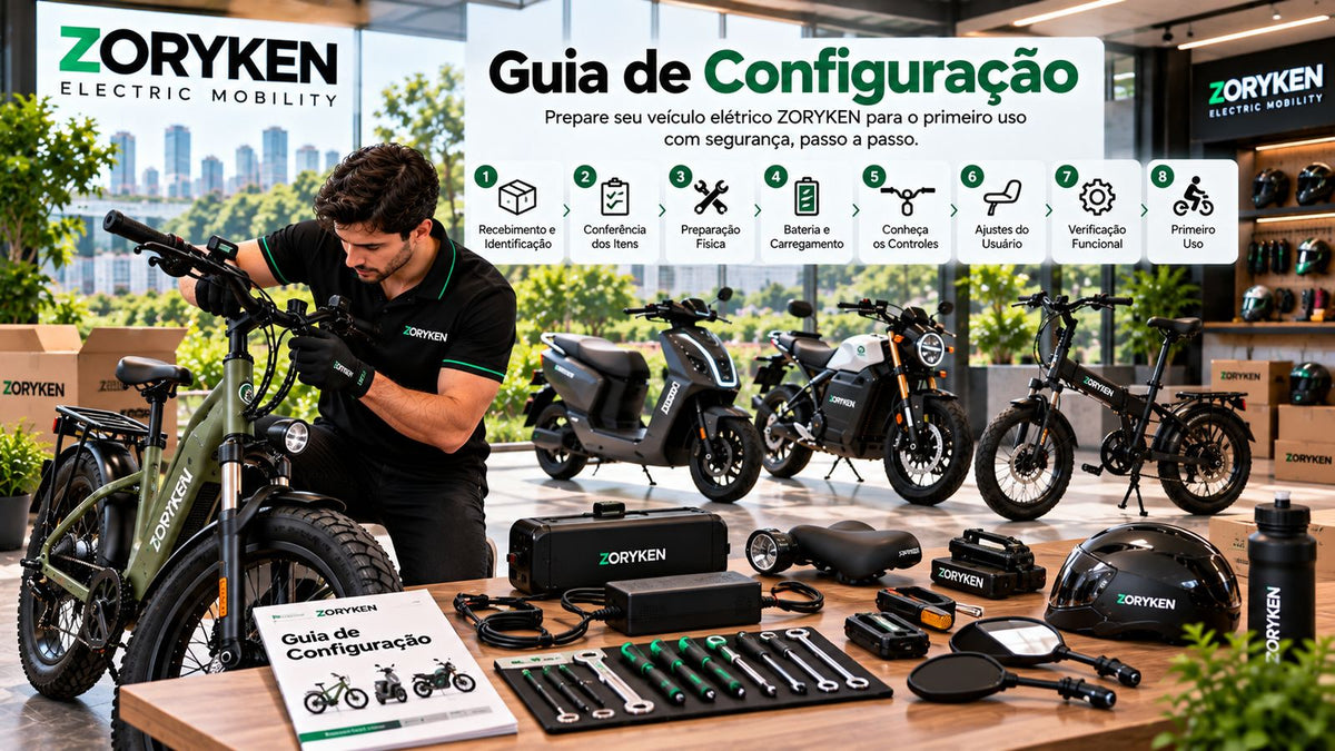 Guia de configuração de veículos elétricos ZORYKEN com preparação, bateria, carregamento, controles, ajustes e verificação antes do primeiro uso