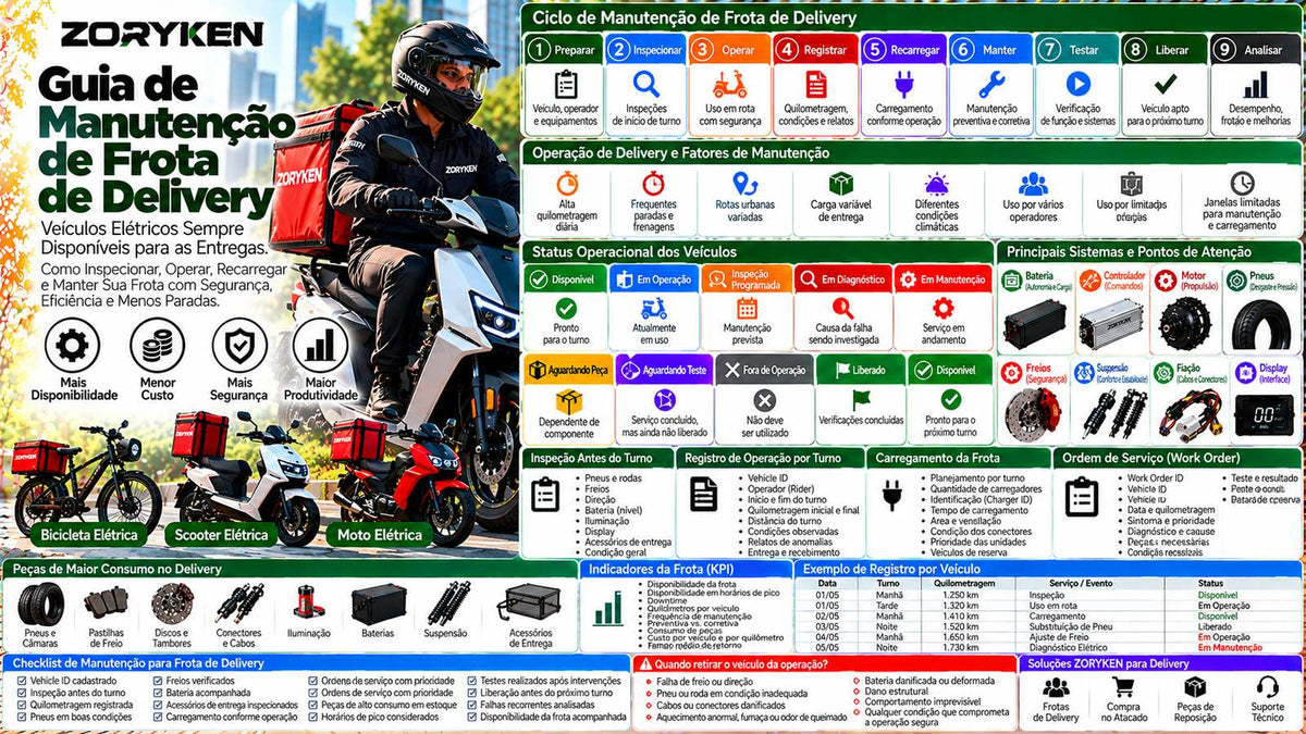 Guia de manutenção de frota de delivery ZORYKEN com inspeção, carregamento, pneus, freios, peças, ordens de serviço e disponibilidade operacional