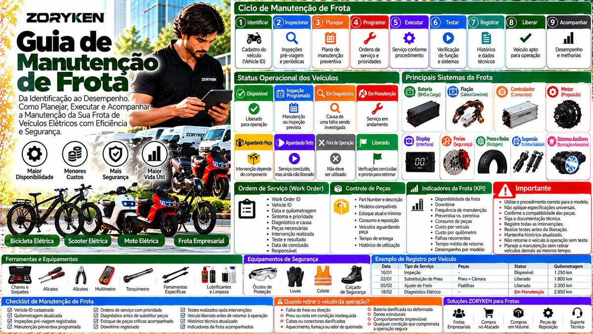 Guia de manutenção de frota ZORYKEN para bicicletas, scooters e motos elétricas com inspeções, ordens de serviço, peças, downtime, registros e indicadores