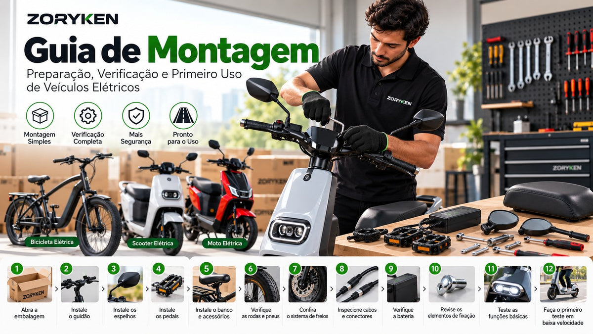 Guia de montagem de veículos elétricos ZORYKEN com preparação, inspeção e verificações antes do primeiro uso