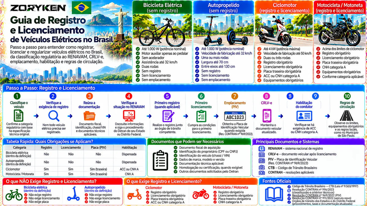 Infográfico do guia de registro e licenciamento de veículos elétricos no Brasil, com etapas de classificação, RENAVAM, primeiro registro, licenciamento, PIV, CRLV-e e habilitação