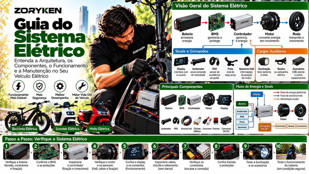 Guia do sistema elétrico ZORYKEN para bicicletas, scooters e motos elétricas com bateria, BMS, controlador, motor, display, sensores, cabos e conectores