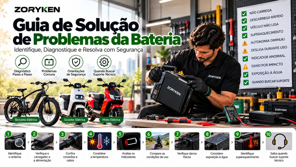 Guia de solução de problemas da bateria ZORYKEN com diagnóstico de falhas em baterias de bicicletas, scooters e motos elétricas