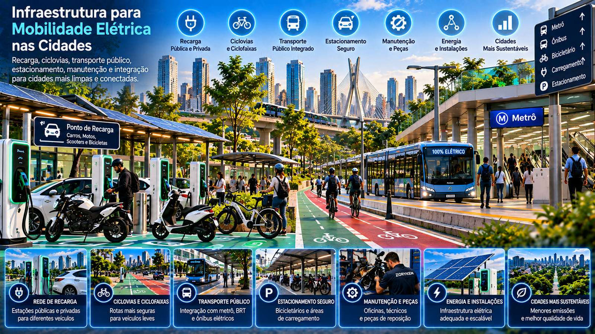 Infraestrutura para mobilidade elétrica nas cidades com recarga, ciclovias, transporte público, estacionamento e veículos elétricos