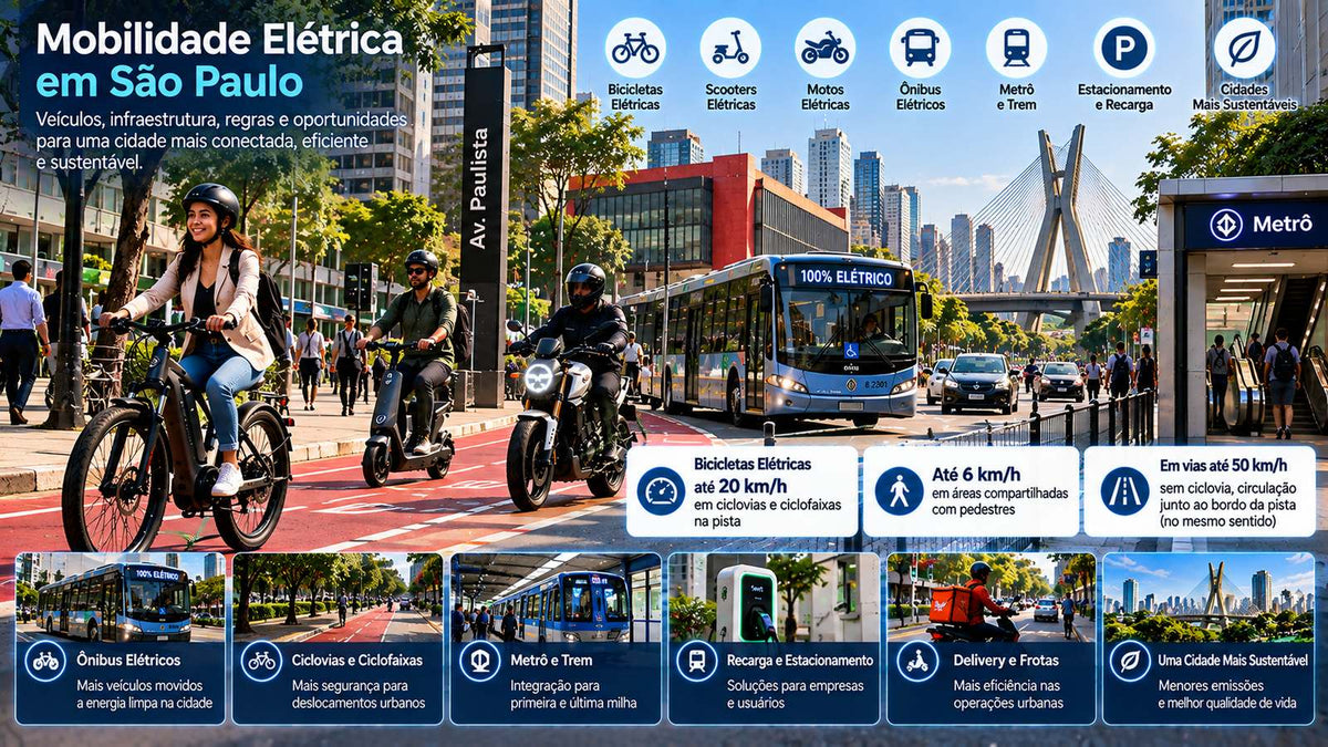 Mobilidade elétrica em São Paulo com bicicletas, scooters, motos elétricas, ônibus elétricos, ciclovias e transporte público