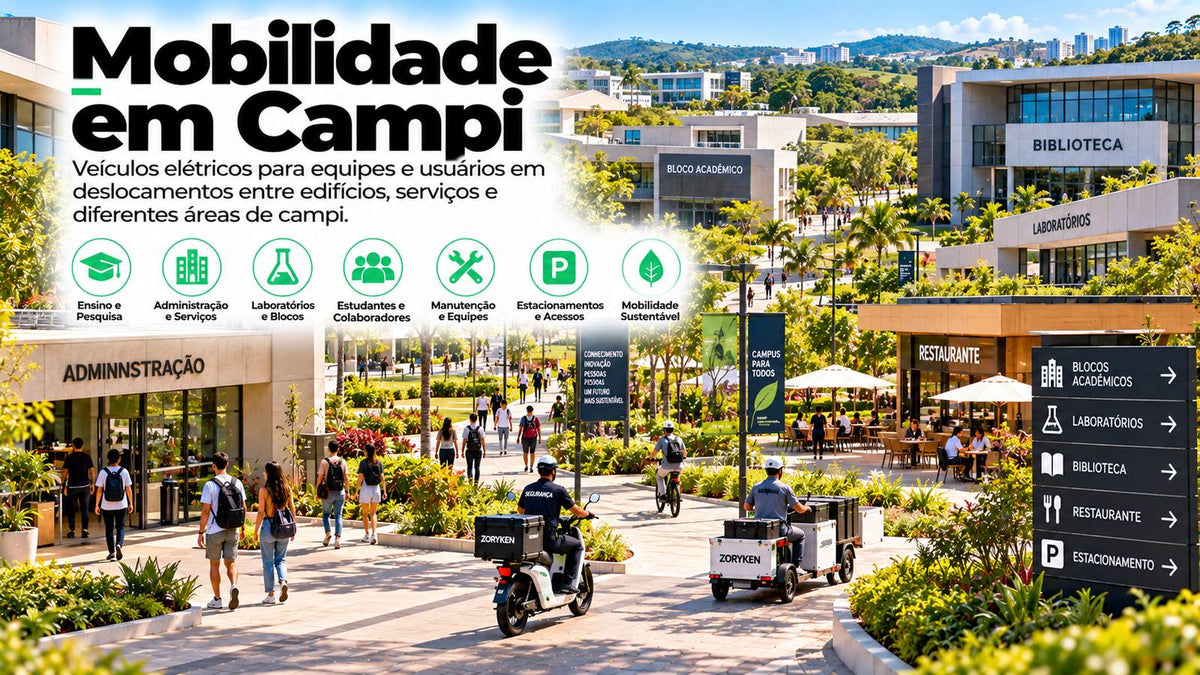Mobilidade em campi com veículos elétricos para equipes e deslocamentos entre edifícios, laboratórios, serviços e áreas institucionais