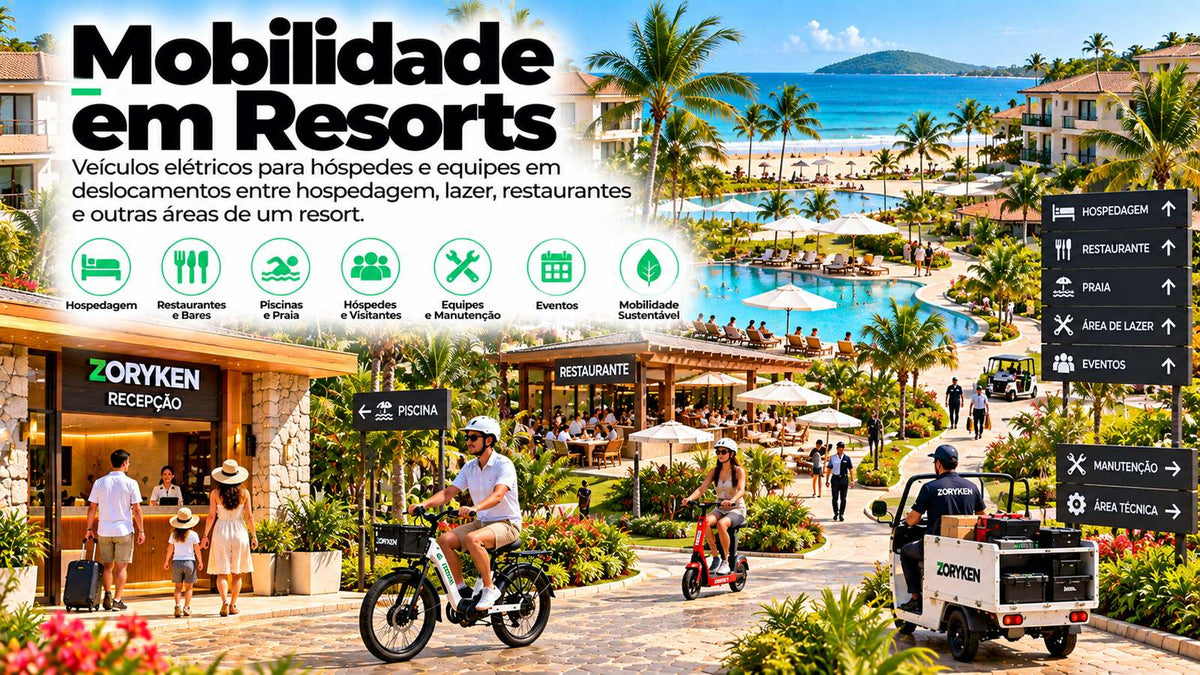 Mobilidade em resorts com veículos elétricos para hóspedes e equipes entre hospedagem, restaurantes, lazer e outras áreas