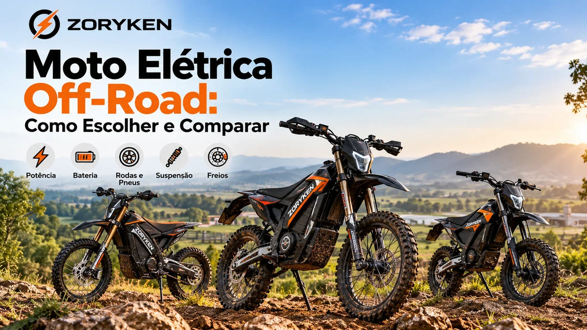 Motos elétricas off-road ZORYKEN em terreno irregular com destaque para potência, bateria, rodas, suspensão e freios