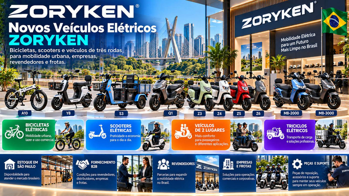 Veículos elétricos ZORYKEN com bicicletas, scooters e triciclos para mobilidade urbana, empresas e frotas