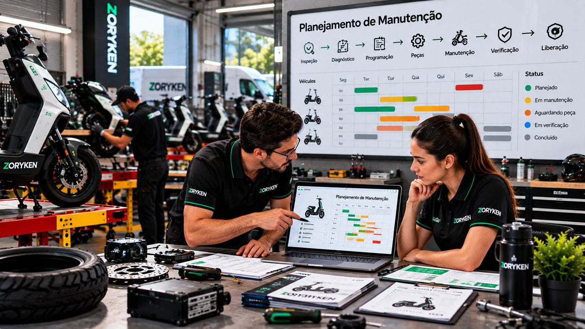 Planejamento de manutenção de veículos elétricos com inspeção, programação, peças, manutenção, verificação e liberação operacional