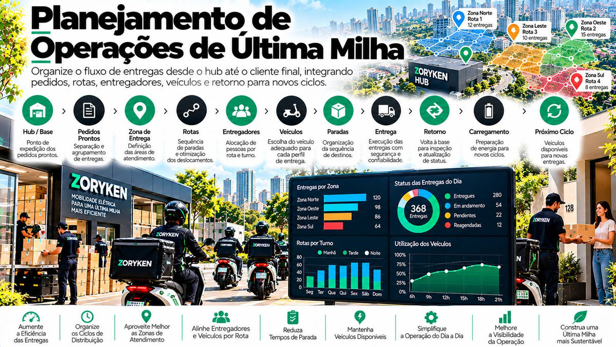 Planejamento de operações de última milha com hub, pedidos, rotas, entregadores, veículos elétricos, entregas, retorno e novos ciclos