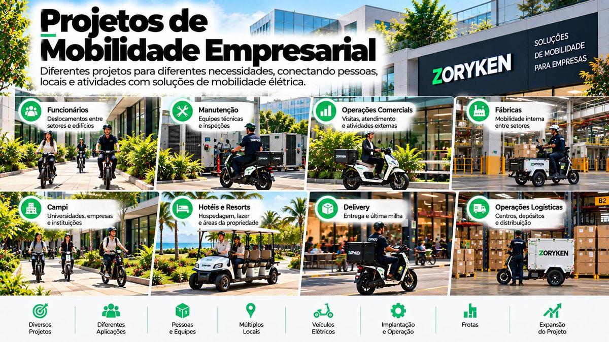 Projetos de mobilidade empresarial com veículos elétricos para funcionários, manutenção, operações comerciais, fábricas, campi, hotéis, delivery e logística