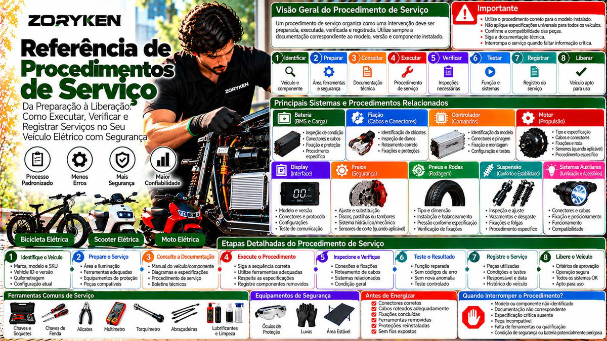 Referência de procedimentos de serviço ZORYKEN para bicicletas, scooters e motos elétricas com preparação, documentação, inspeção, testes e liberação