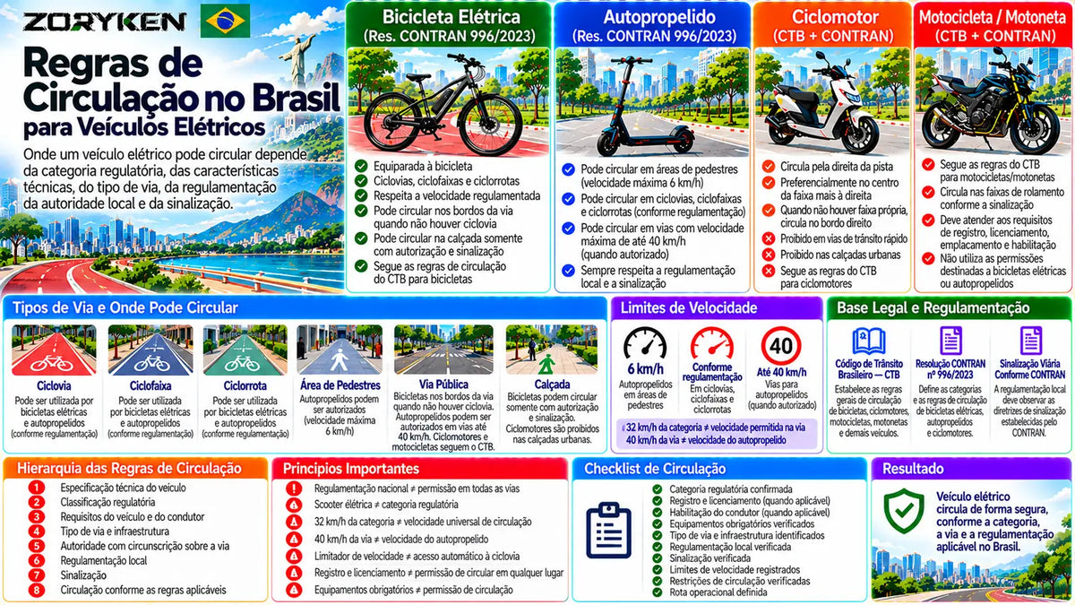 Infográfico sobre regras de circulação para veículos elétricos no Brasil, incluindo bicicletas elétricas, autopropelidos, ciclomotores, motocicletas, ciclovias, ciclofaixas, áreas de pedestres e vias públicas