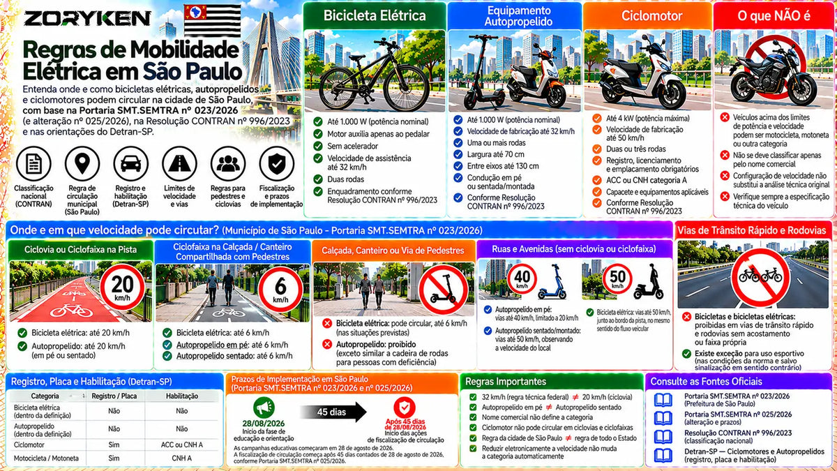 Infográfico sobre regras de mobilidade elétrica em São Paulo para bicicletas elétricas, autopropelidos e ciclomotores, com limites de velocidade, ciclovias, ruas, registro, placa e habilitação