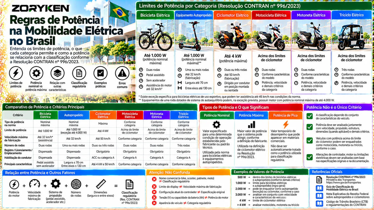 Infográfico sobre regras de potência na mobilidade elétrica no Brasil com limites para bicicletas elétricas, autopropelidos e ciclomotores conforme a Resolução CONTRAN nº 996/2023