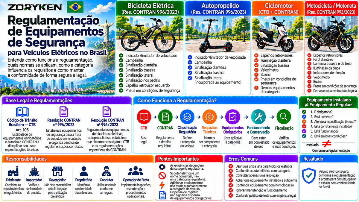 Infográfico sobre regulamentação de equipamentos de segurança para veículos elétricos no Brasil, com CTB, CONTRAN, classificação regulatória, requisitos técnicos, equipamentos obrigatórios, manutenção e fiscalização