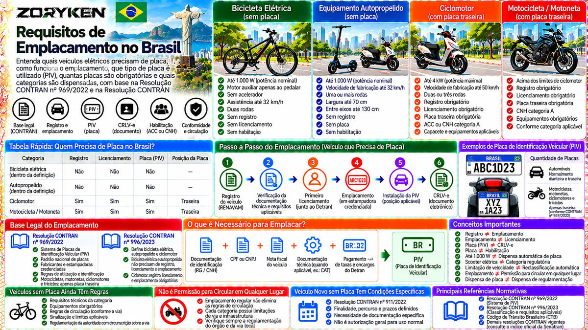 Infográfico sobre requisitos de emplacamento de veículos elétricos no Brasil, incluindo PIV, ciclomotores, motocicletas, bicicletas elétricas e autopropelidos