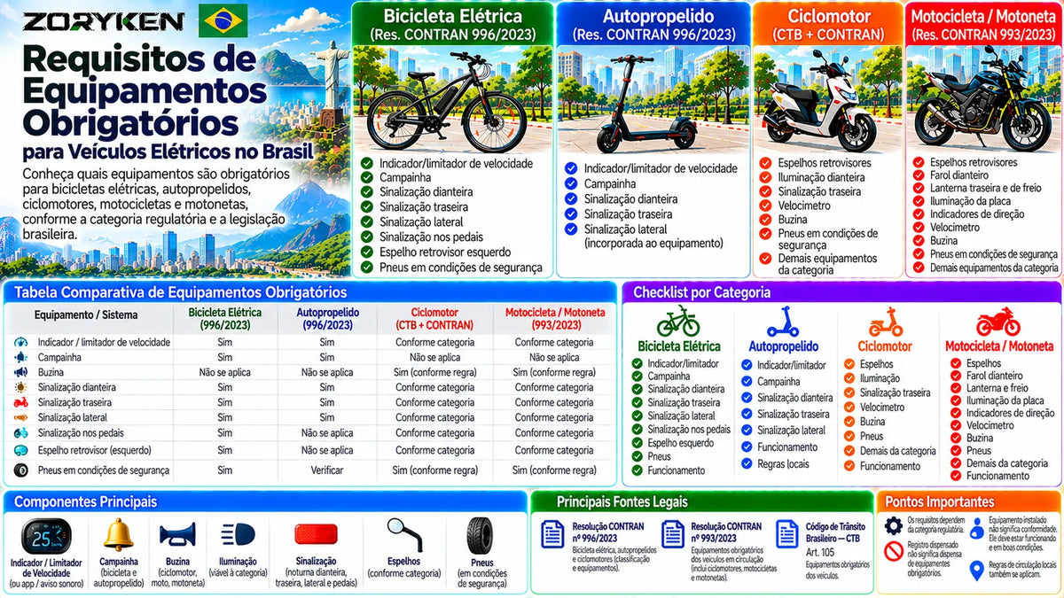 Infográfico sobre equipamentos obrigatórios para veículos elétricos no Brasil, incluindo bicicletas elétricas, autopropelidos, ciclomotores, motocicletas, iluminação, campainha, buzina, espelhos e pneus