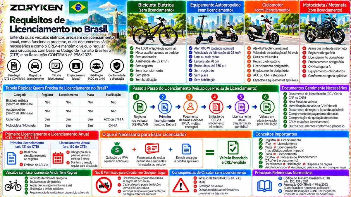 Infográfico sobre requisitos de licenciamento de veículos elétricos no Brasil, incluindo licenciamento anual, CRLV-e, ciclomotores, motocicletas, bicicletas elétricas e autopropelidos