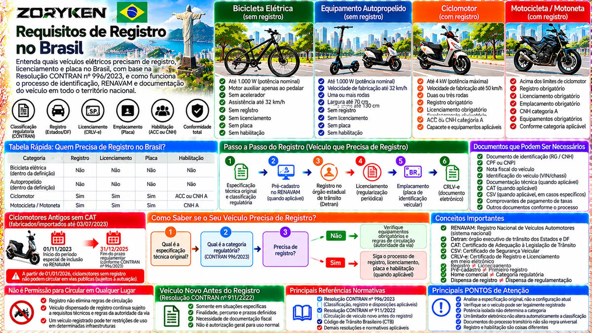 Infográfico sobre requisitos de registro de veículos elétricos no Brasil, incluindo RENAVAM, licenciamento, placa, bicicletas elétricas, autopropelidos, ciclomotores e motocicletas