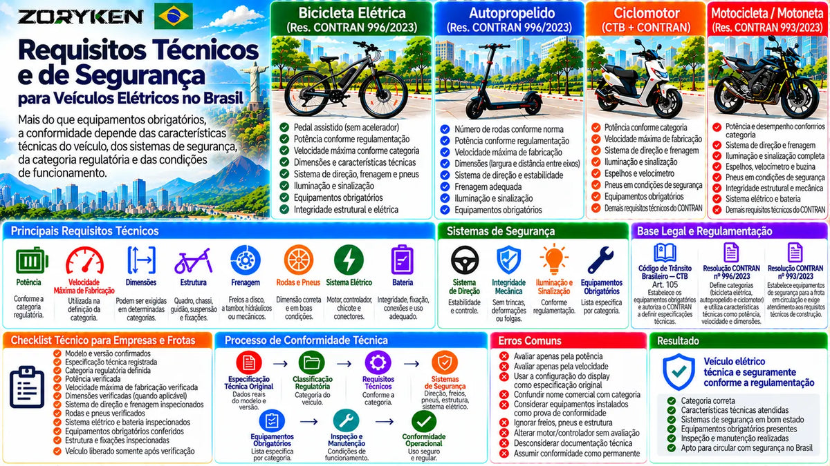 Infográfico sobre requisitos técnicos e de segurança para veículos elétricos no Brasil, incluindo potência, velocidade máxima de fabricação, dimensões, freios, pneus, estrutura, sistema elétrico, bateria e equipamentos obrigatórios