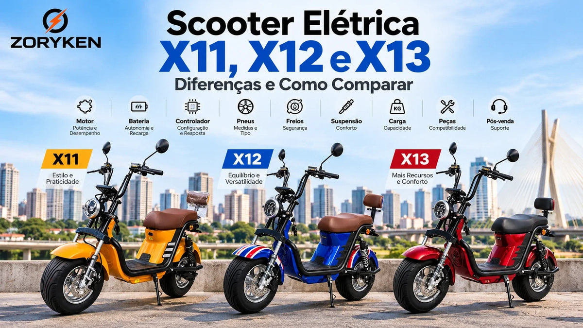 Scooters elétricas X11, X12 e X13 em diferentes configurações, ilustrando critérios de comparação como motor, bateria, controlador, pneus, freios, suspensão, carga, peças e pós-venda.