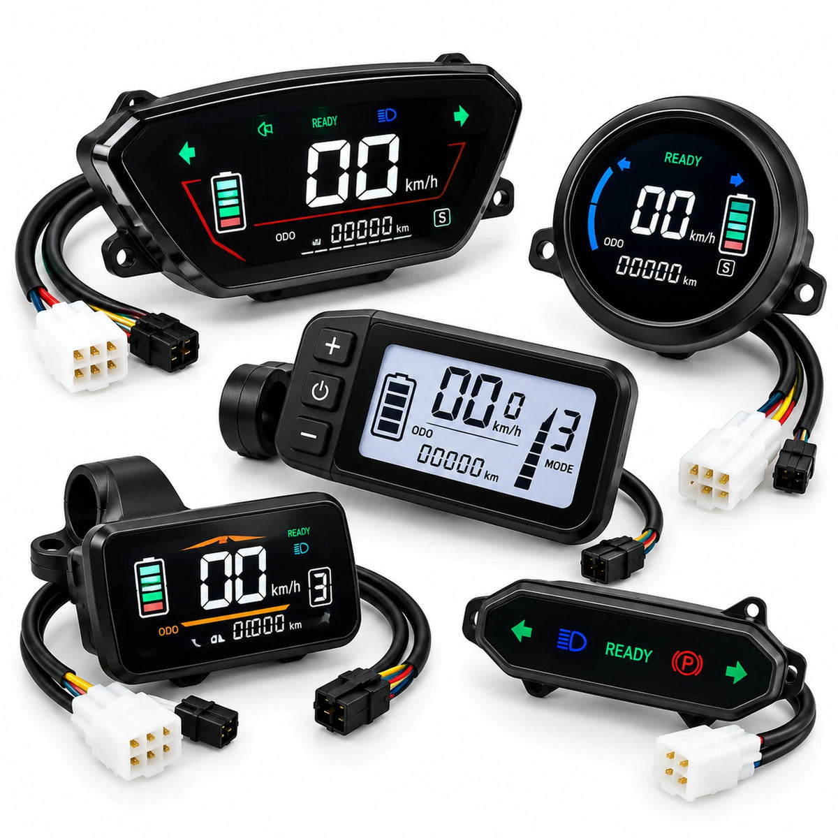 Displays e painéis digitais com indicadores de velocidade e bateria, cabos e conectores para veículos elétricos ZORYKEN