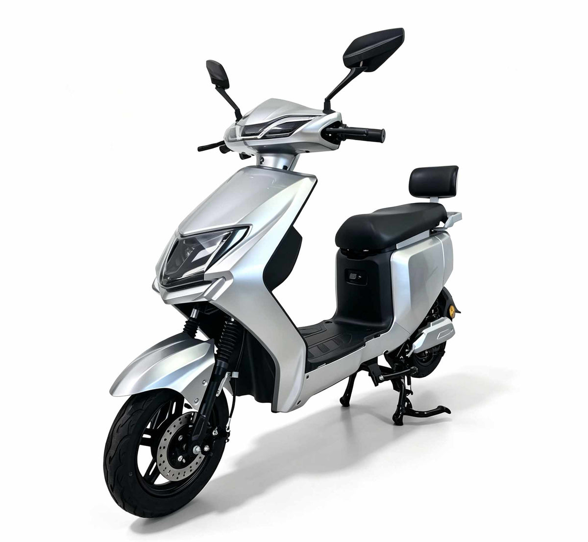 Moto elétrica corporativa Zoryken Y8 60V com freio a disco dianteiro e suspensão reforçada para suportar operação diária severa.