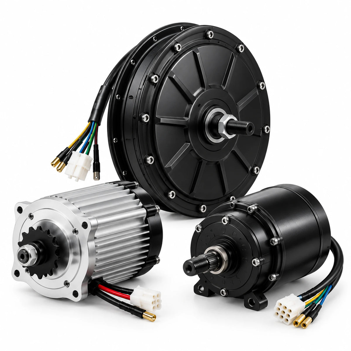 Motores elétricos de cubo e com eixo, cabos e conectores para veículos elétricos ZORYKEN