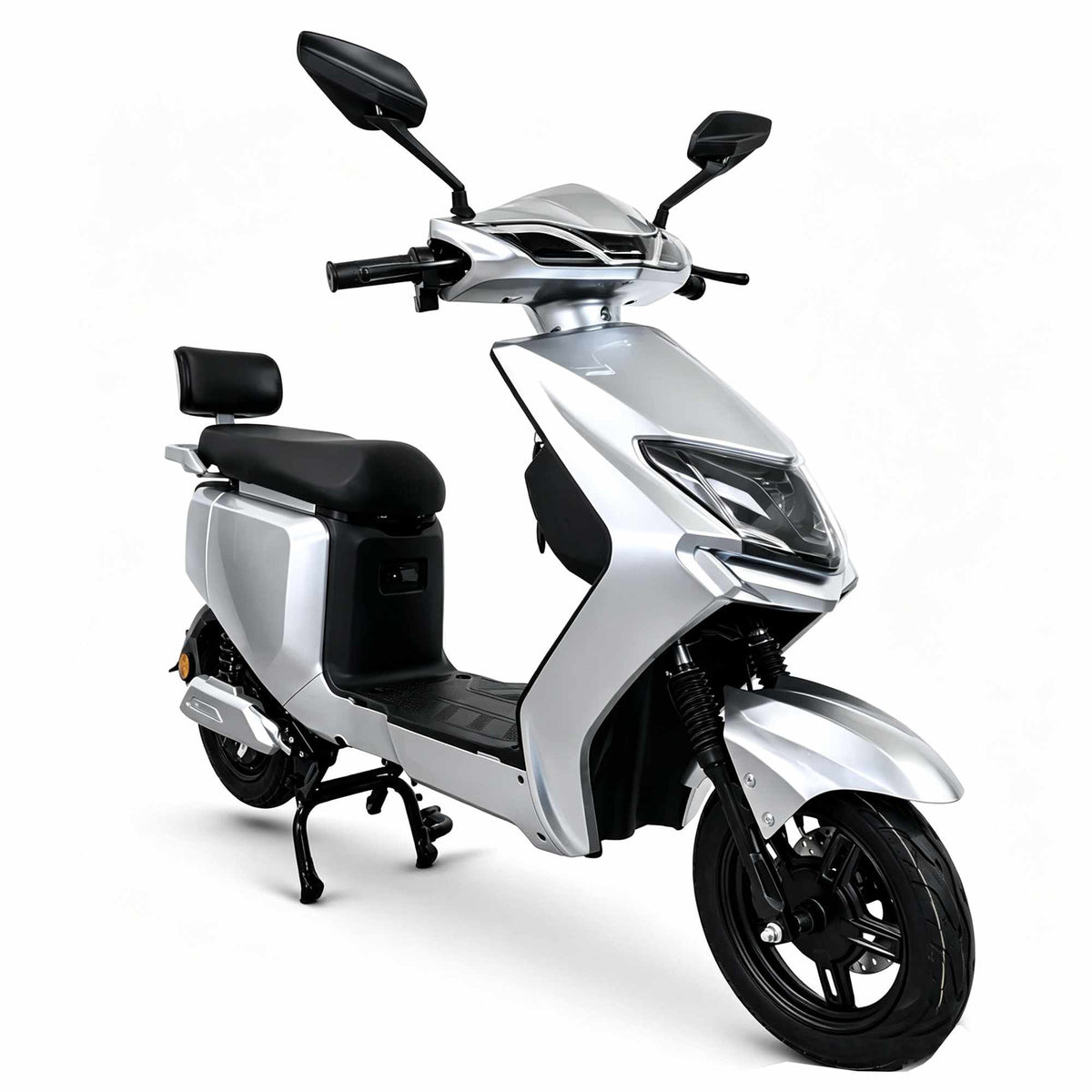Scooter elétrica Zoryken Y8 prata ideal para frotas de empresas, equipada com motor de 1000W de alta durabilidade e baixo custo de manutenção.