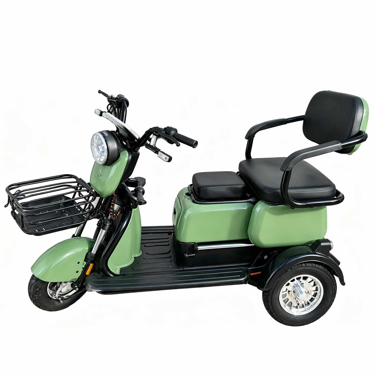 Veículo elétrico de 3 rodas ZORYKEN S3 verde oliva, destacando o chassi robusto, bateria de 60V 24Ah e estabilidade para condutores e frotas de lazer.