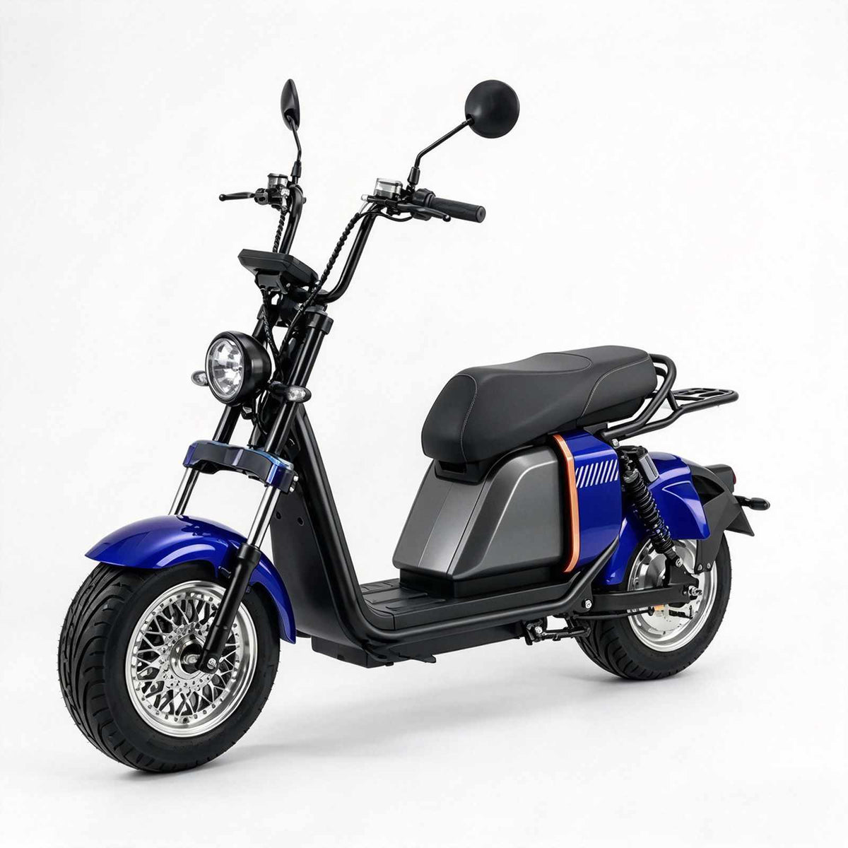 Scooter elétrica ZORYKEN 701 azul com bagageiro traseiro aberto, banco preto alongado, farol redondo e roda dianteira com aro multirraios.