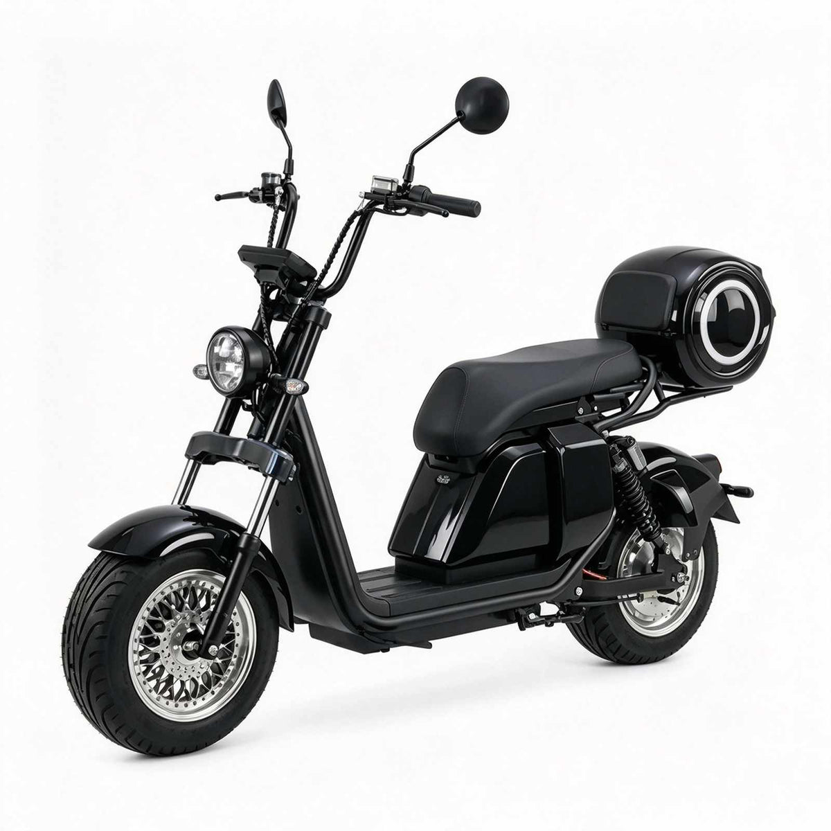 Scooter elétrica ZORYKEN 701 preta com baú traseiro redondo, banco alongado, farol circular e rodas com aros prateados.
