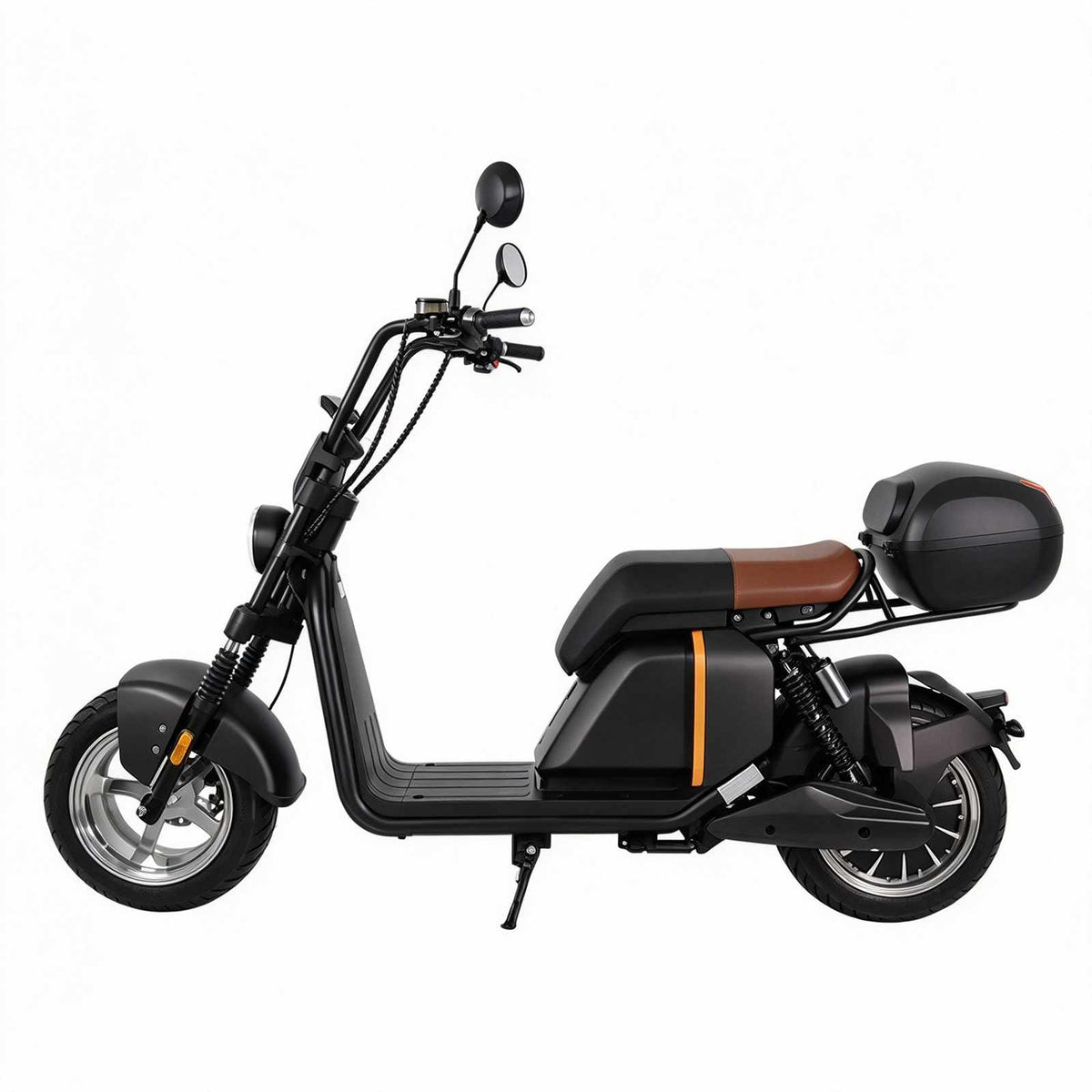 Vista lateral da scooter elétrica ZORYKEN 701 preta, com banco preto e marrom, baú traseiro, plataforma para os pés e suspensão traseira.
