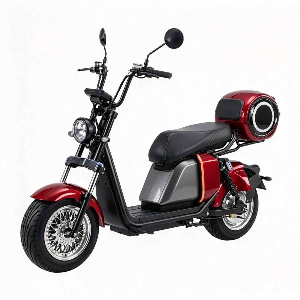 Scooter elétrica ZORYKEN 701 vermelha com carenagem cinza, banco preto alongado, baú traseiro circular e farol dianteiro redondo.
